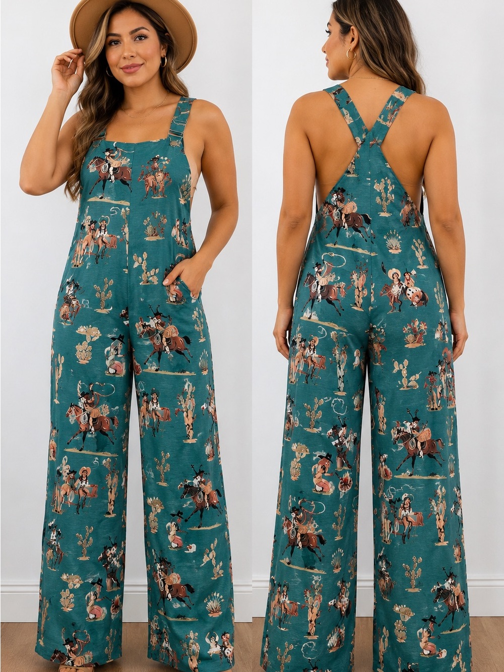 Teal Western Print Wide-Leg Jumpsuit